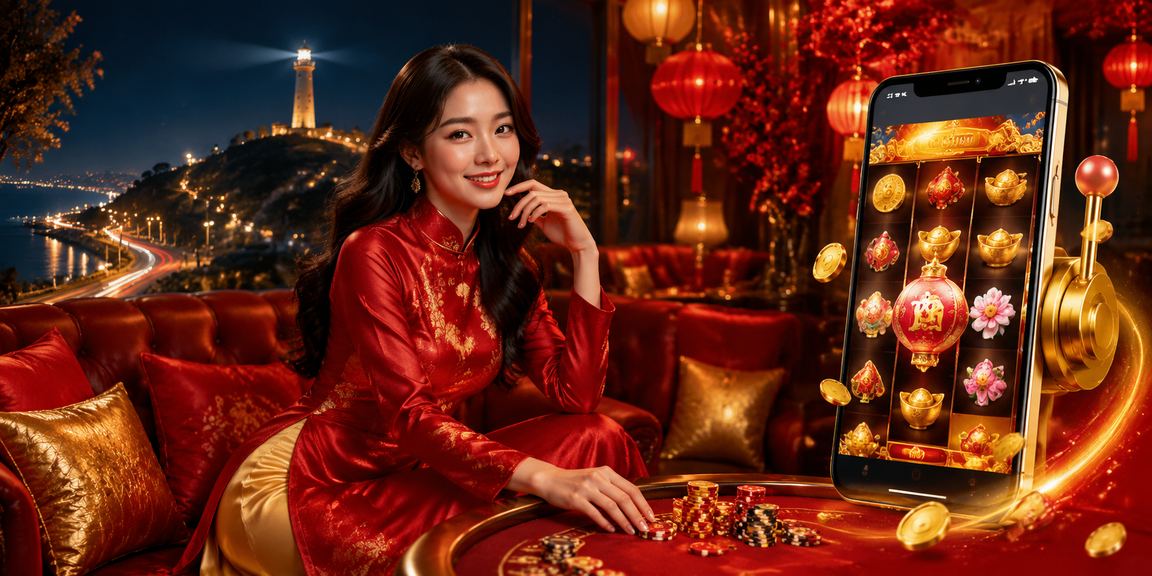 Người dùng Vũng Tàu chơi slot game trên điện thoại với trang phục áo dài